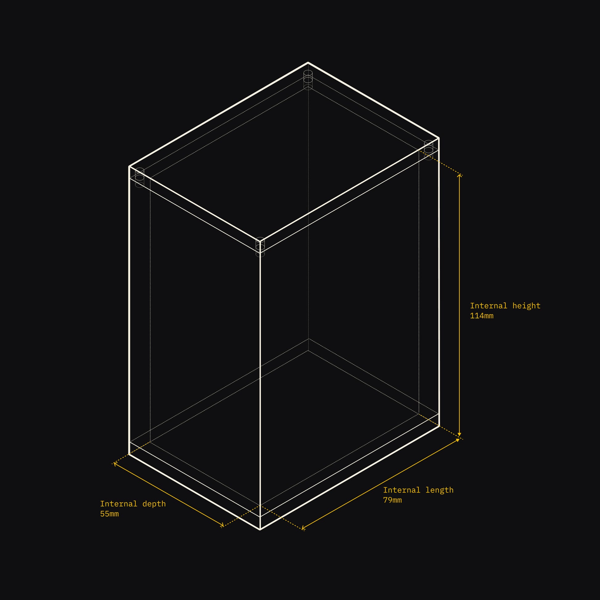 Technical drawing of an Acrylix display case with dimensions on a black background