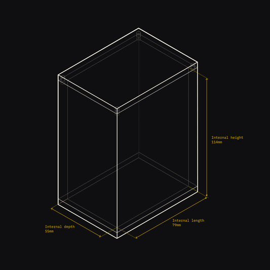 Technical drawing of an Acrylix display case with dimensions on a black background