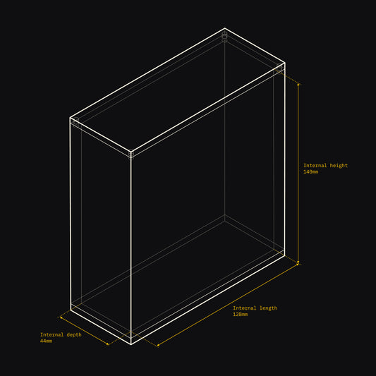 Technical drawing of an Acrylix display case with dimensions on a black background