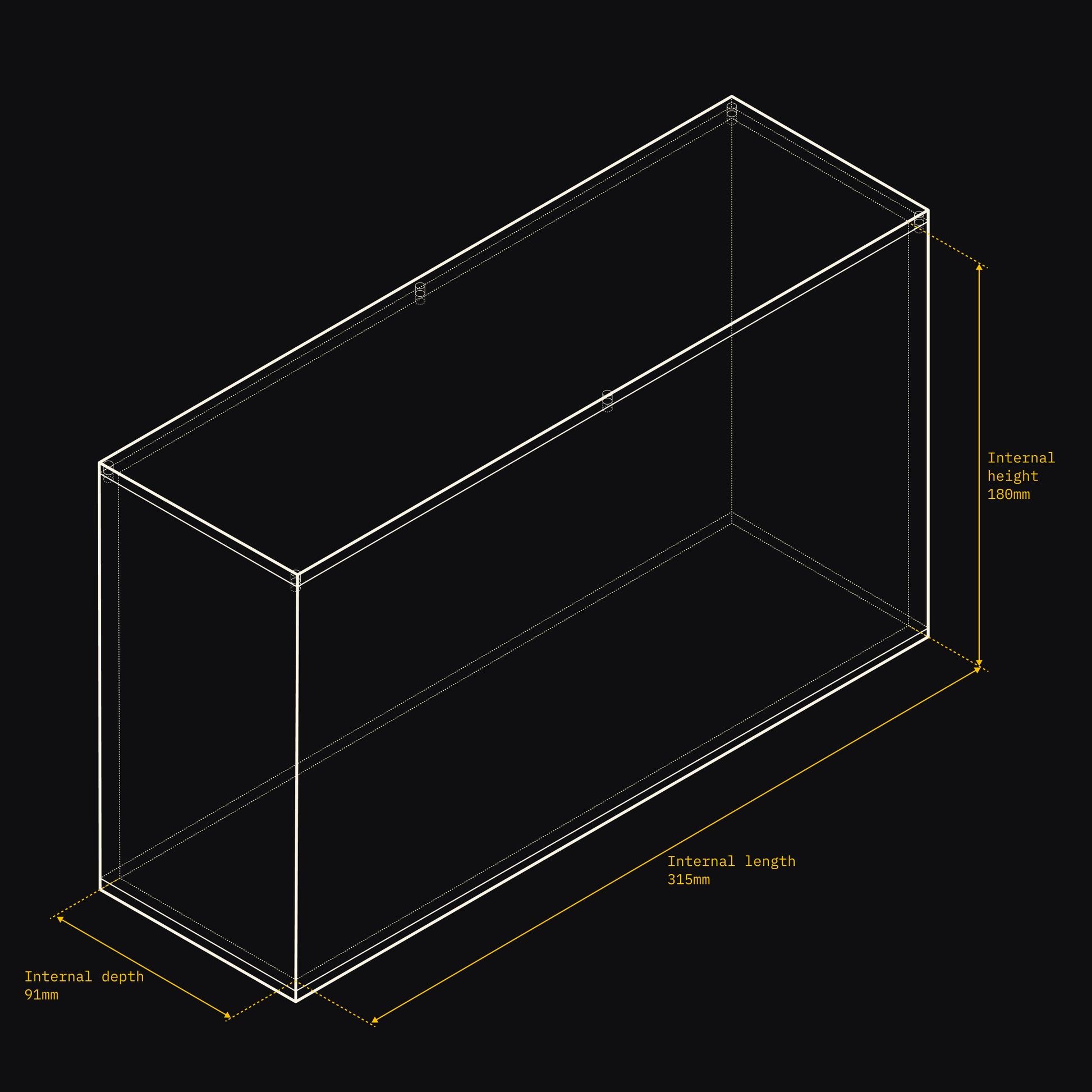 Technical drawing of an Acrylix display case with dimensions on a black background