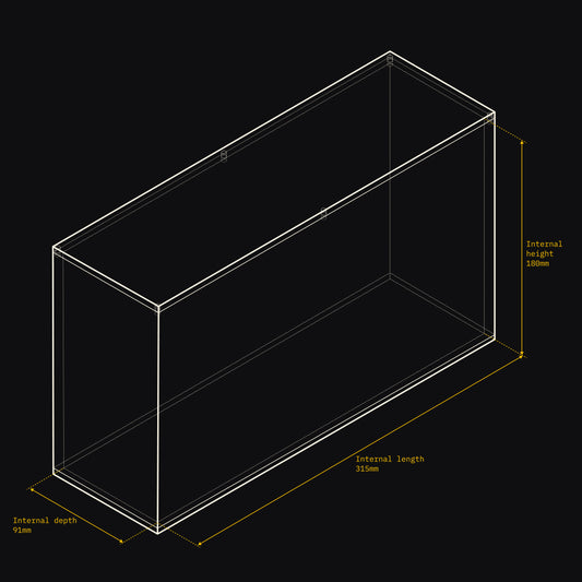 Technical drawing of an Acrylix display case with dimensions on a black background