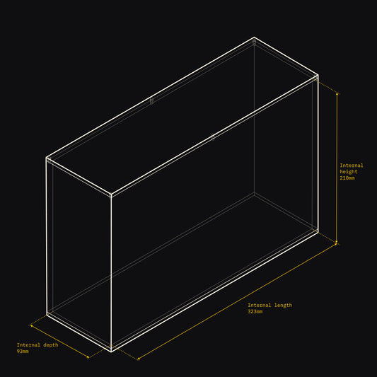 Technical drawing of an Acrylix display case with dimensions on a black background