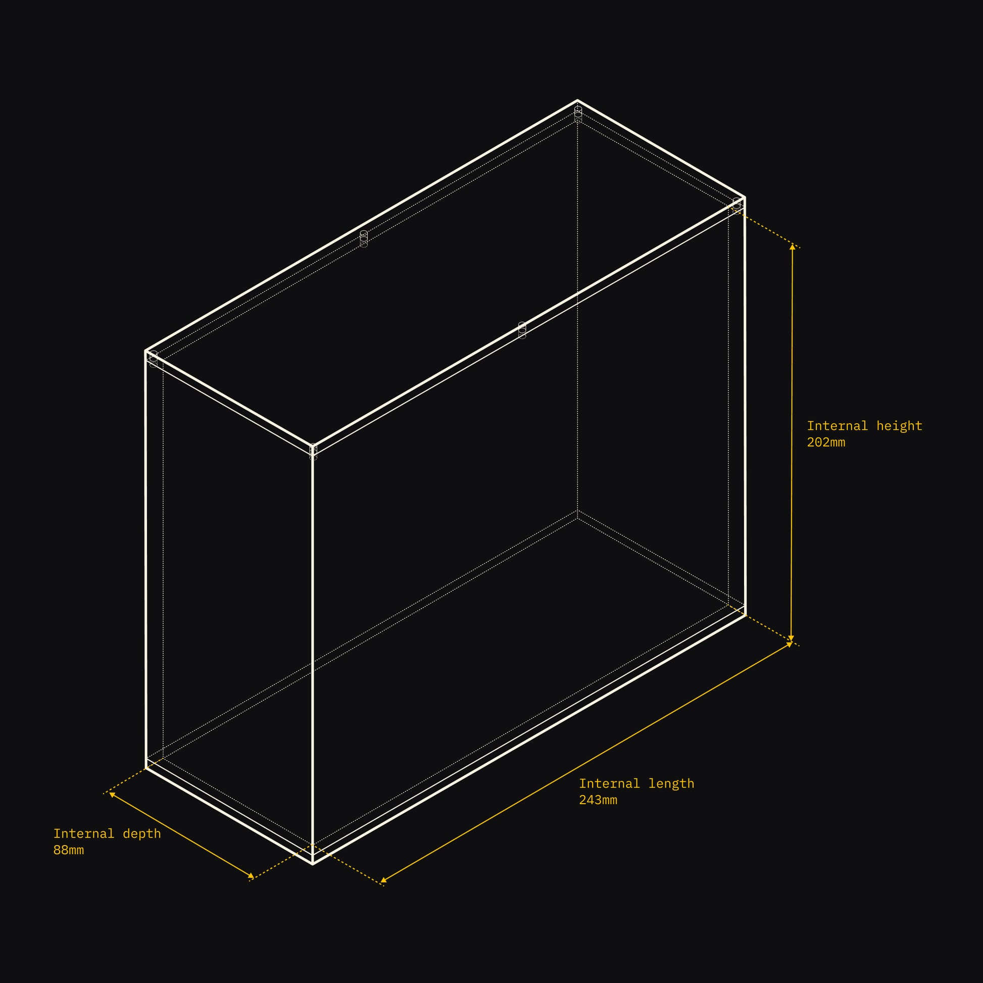 Technical drawing of an Acrylix display case with dimensions on a black background