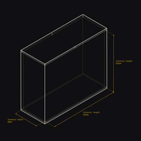 Technical drawing of an Acrylix display case with dimensions on a black background
