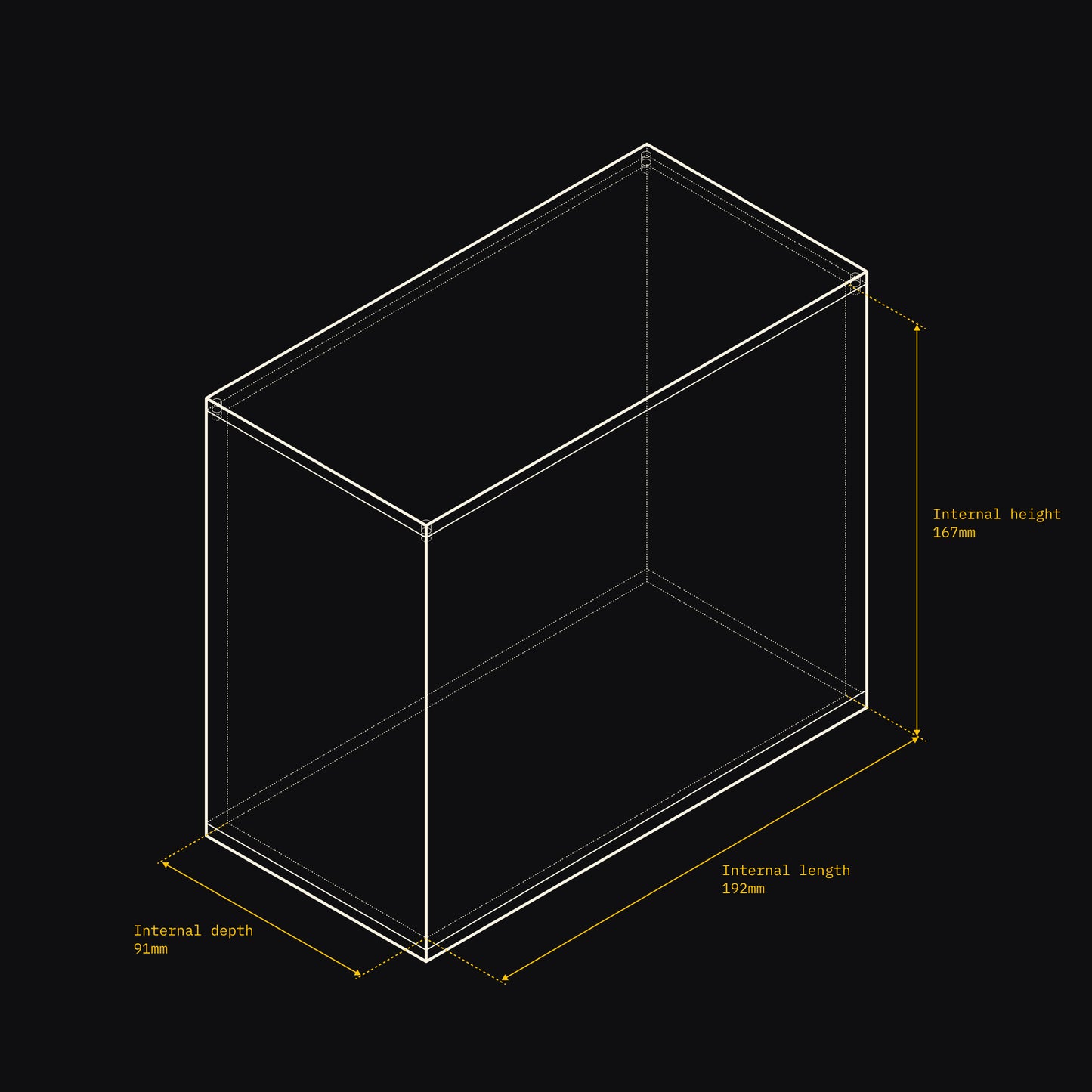 Technical drawing of an Acrylix display case with dimensions on a black background