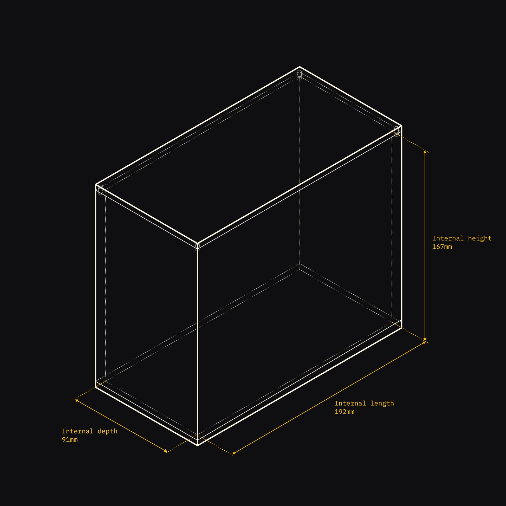 Technical drawing of an Acrylix display case with dimensions on a black background