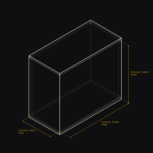 Technical drawing of an Acrylix display case with dimensions on a black background