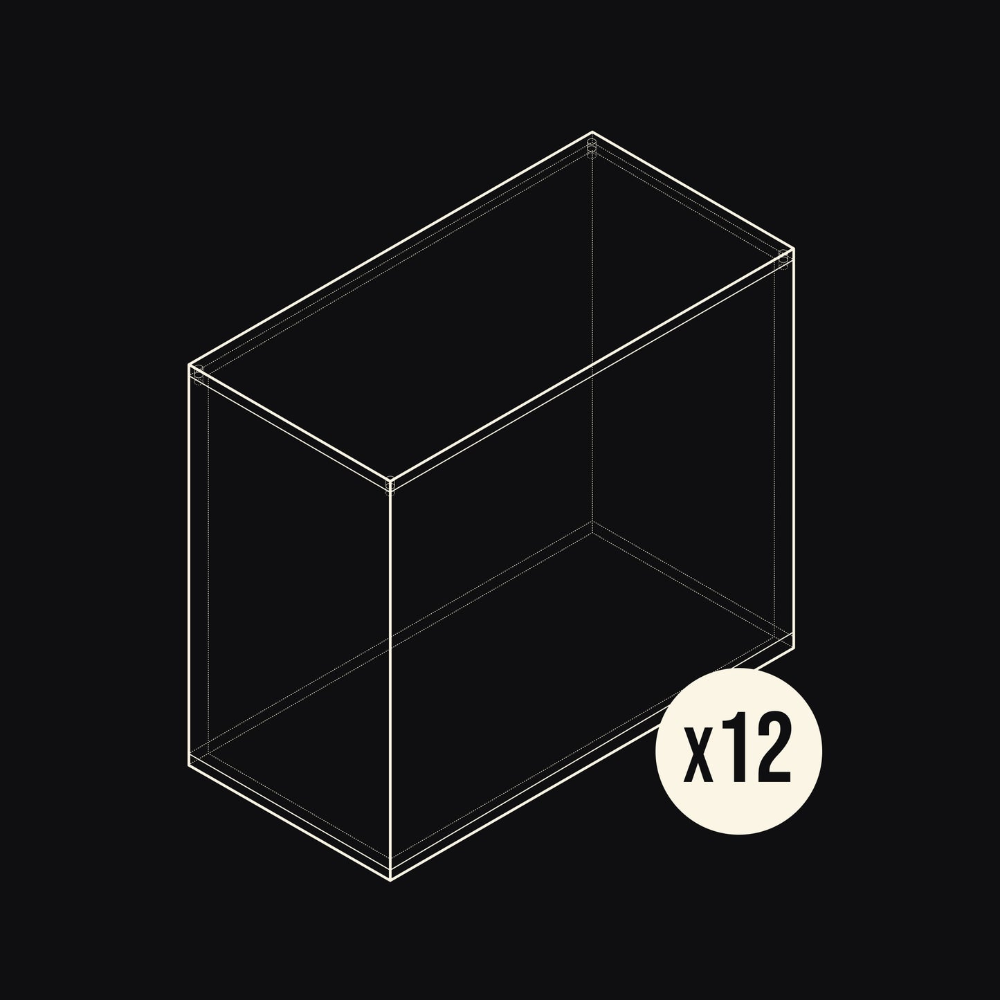 Technical drawing of an Acrylix display case with a 'x12' label on a black background