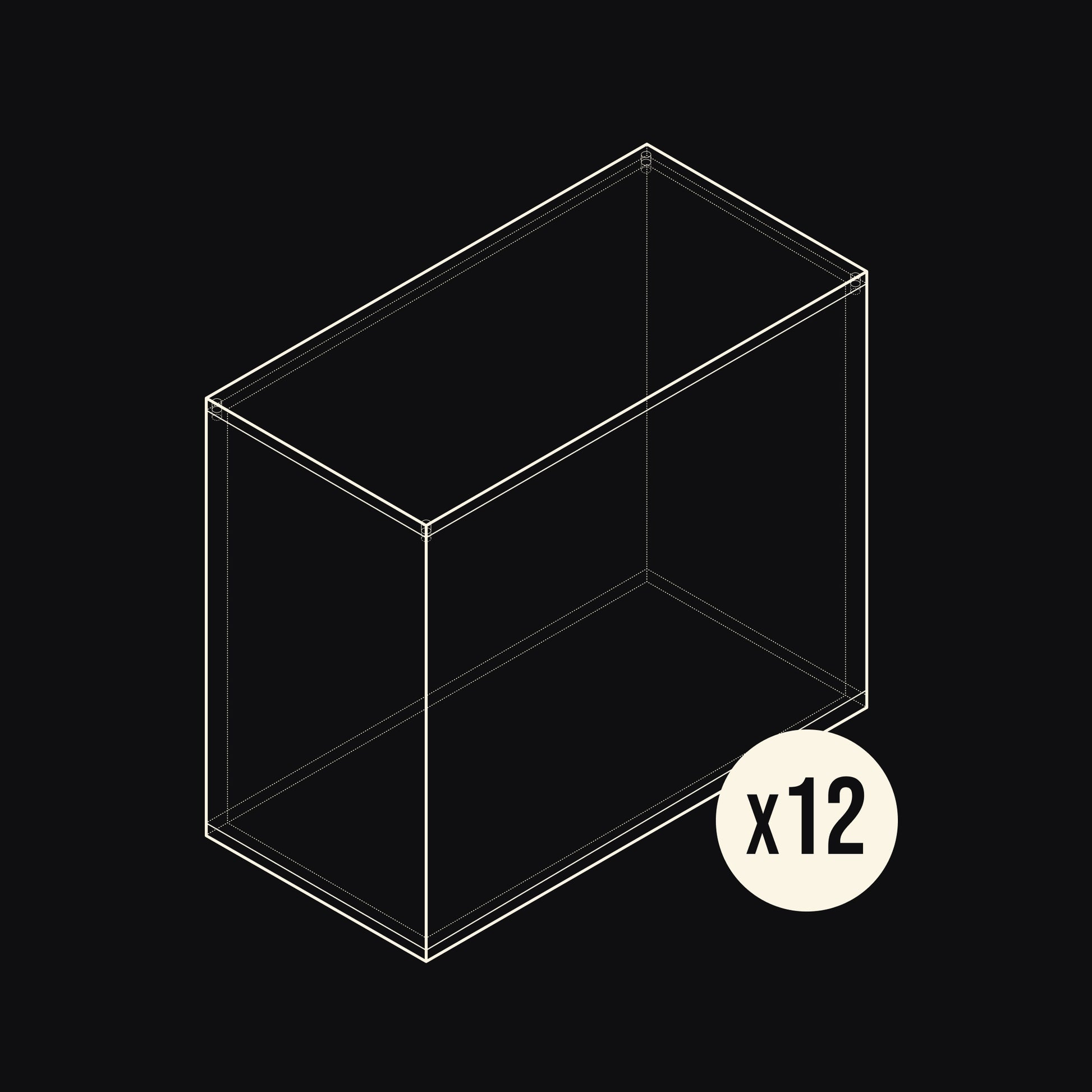 Technical drawing of an Acrylix display case with a 'x12' label on a black background