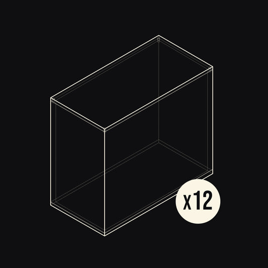 Technical drawing of an Acrylix display case with a 'x12' label on a black background