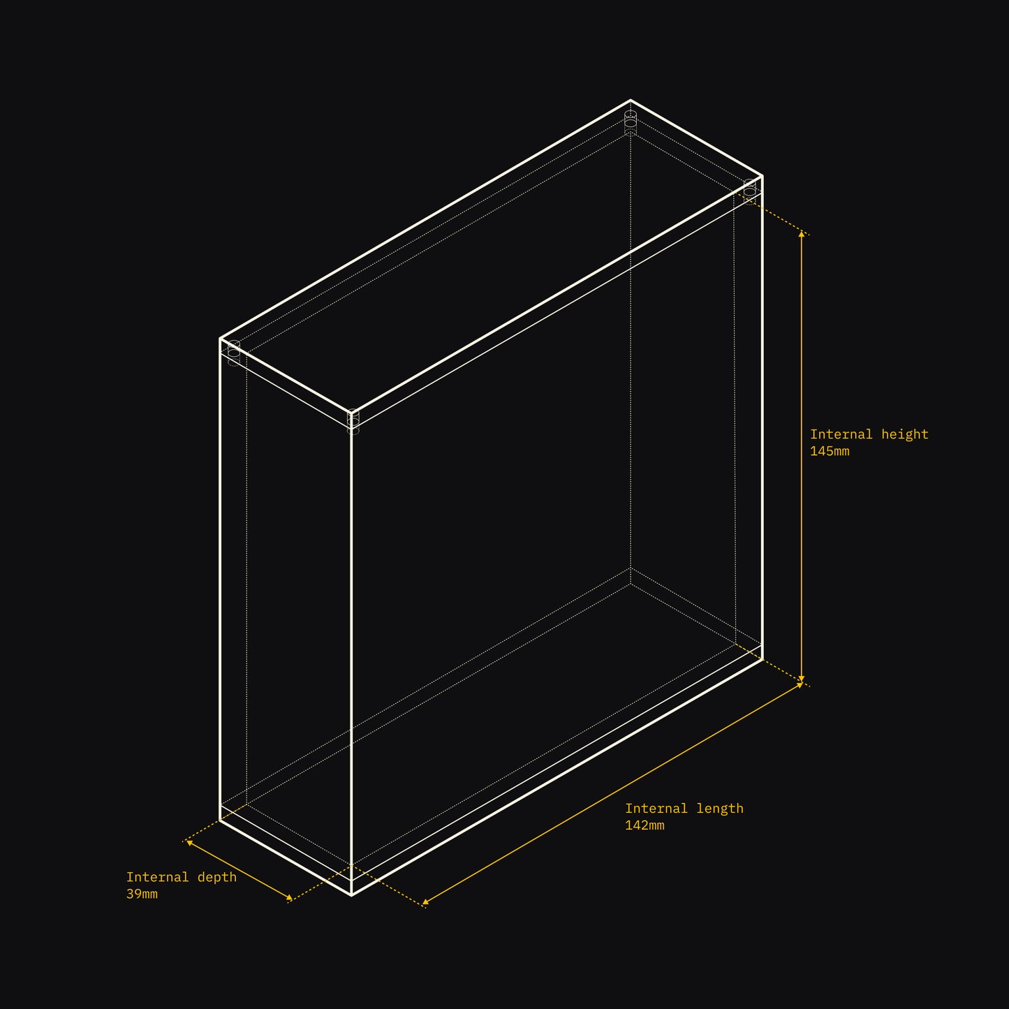 Technical drawing of an Acrylix display case with dimensions on a black background