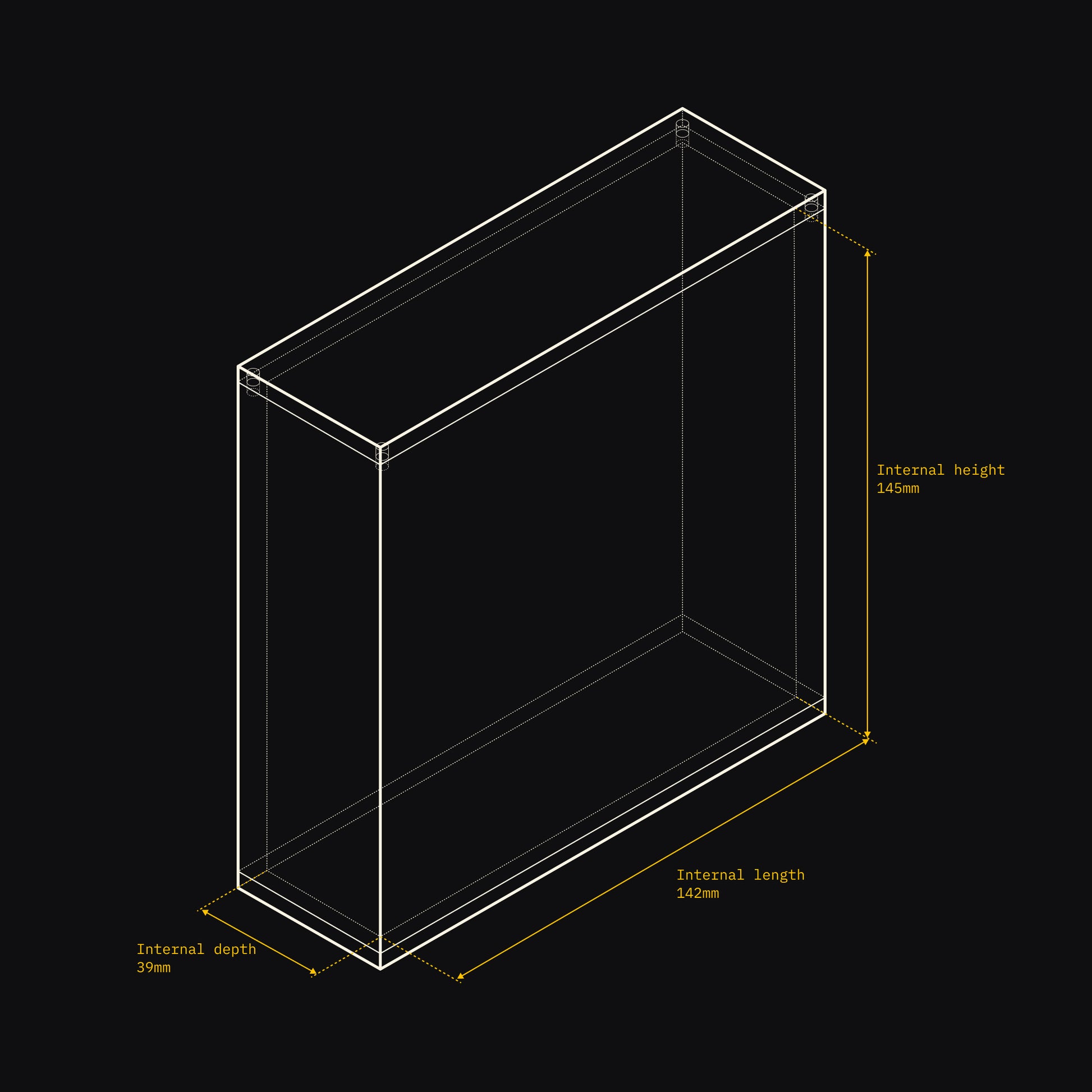 Technical drawing of an Acrylix display case with dimensions on a black background