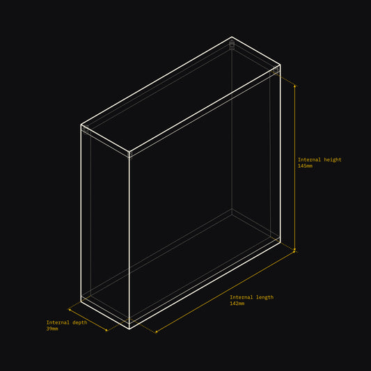 Technical drawing of an Acrylix display case with dimensions on a black background