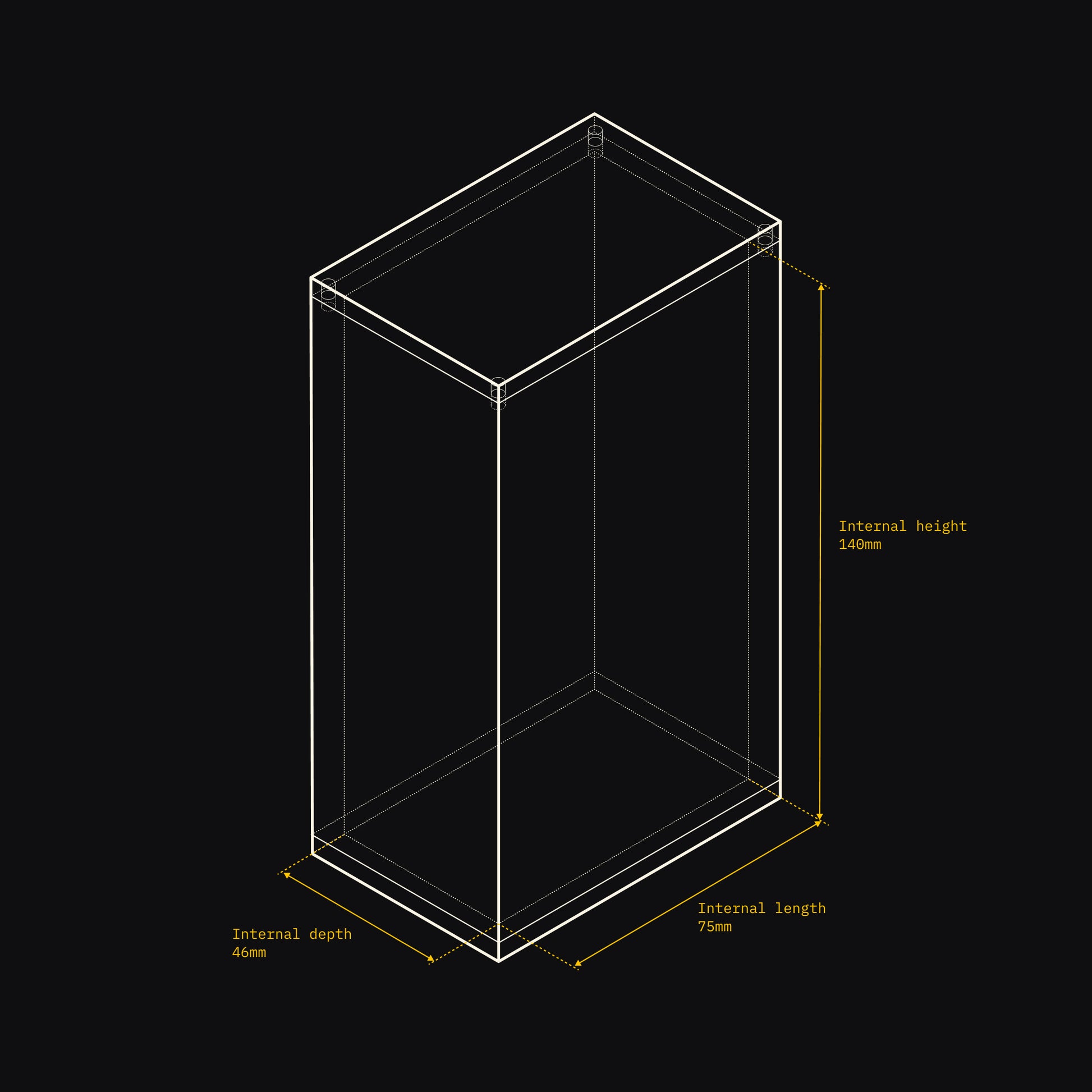 Technical drawing of an Acrylix display case with dimensions on a black background