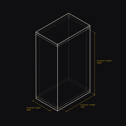 Technical drawing of an Acrylix display case with dimensions on a black background