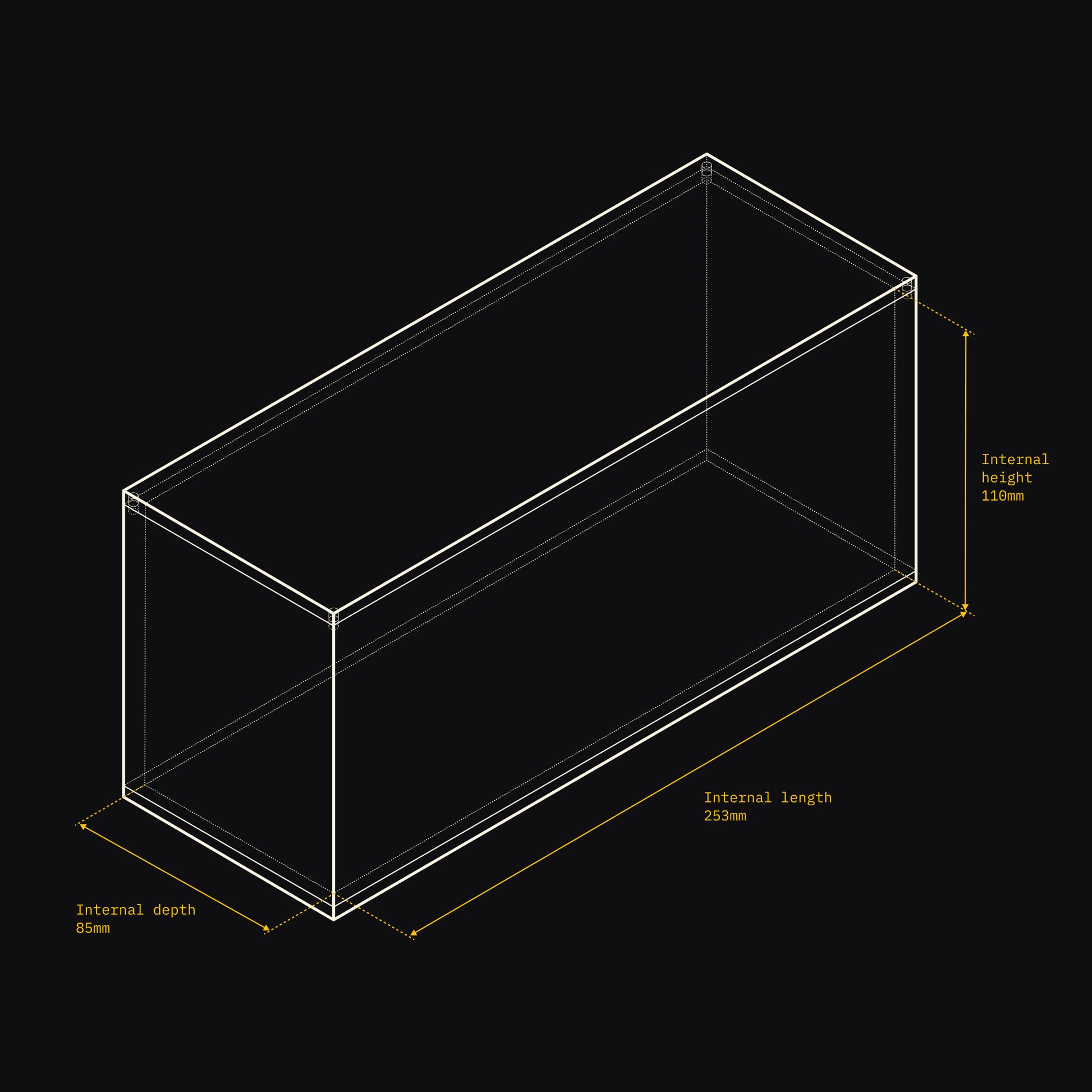 Technical drawing of an Acrylix display case with dimensions on a black background