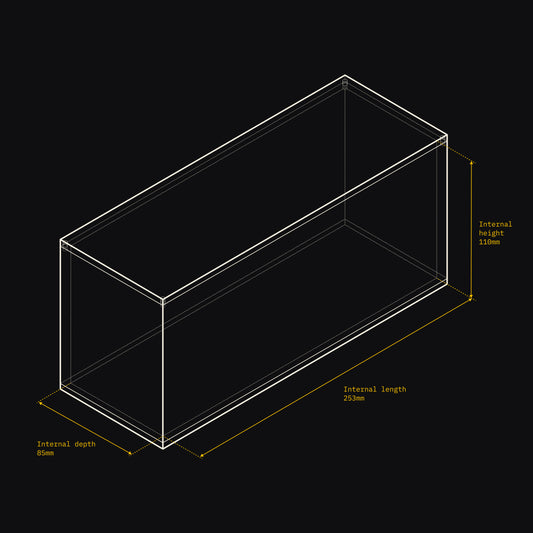 Technical drawing of an Acrylix display case with dimensions on a black background