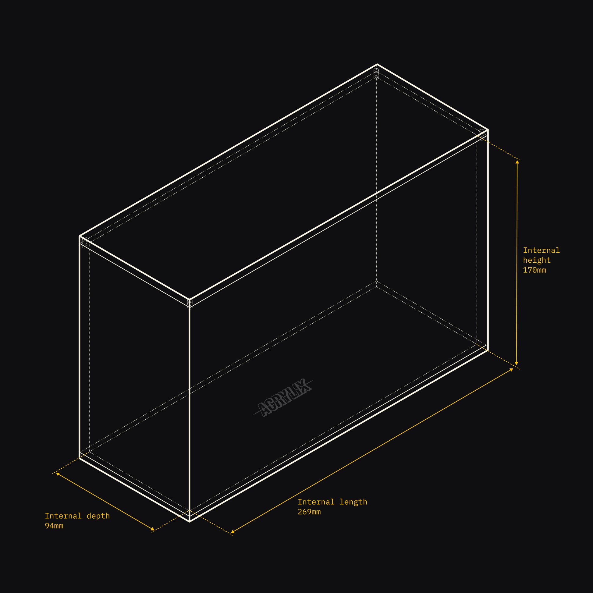 Technical drawing of an Acrylix display case with dimensions on a black background