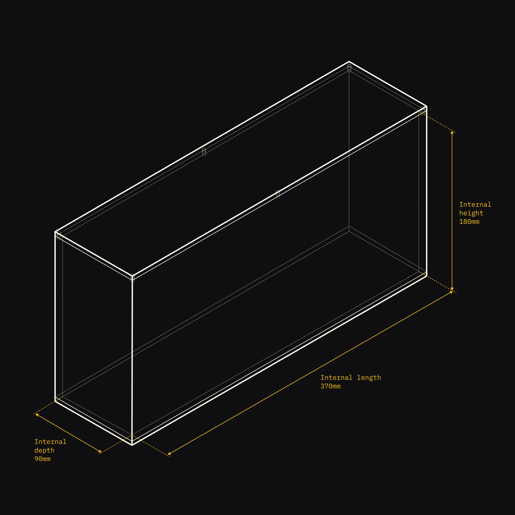 Technical drawing of an Acrylix display case with dimensions on a black background