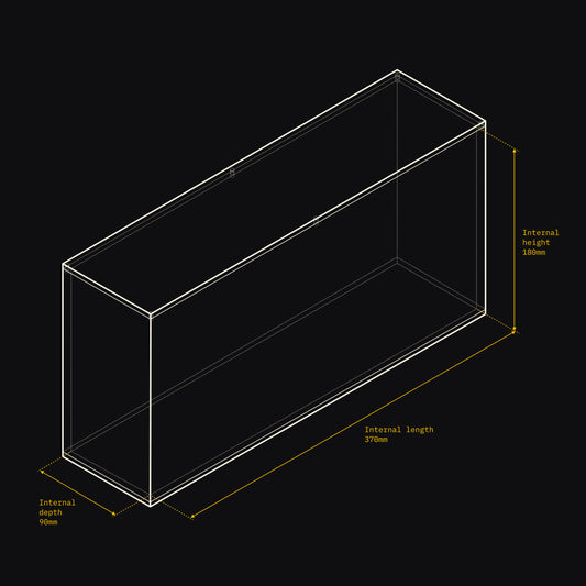 Technical drawing of an Acrylix display case with dimensions on a black background