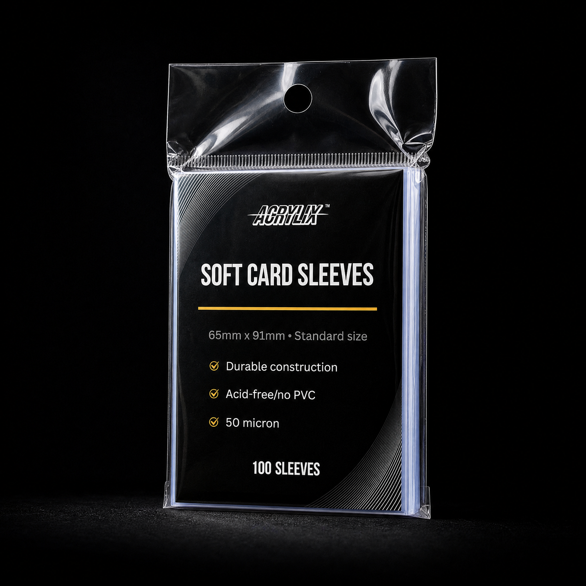Pack of soft card sleeves on a black background.