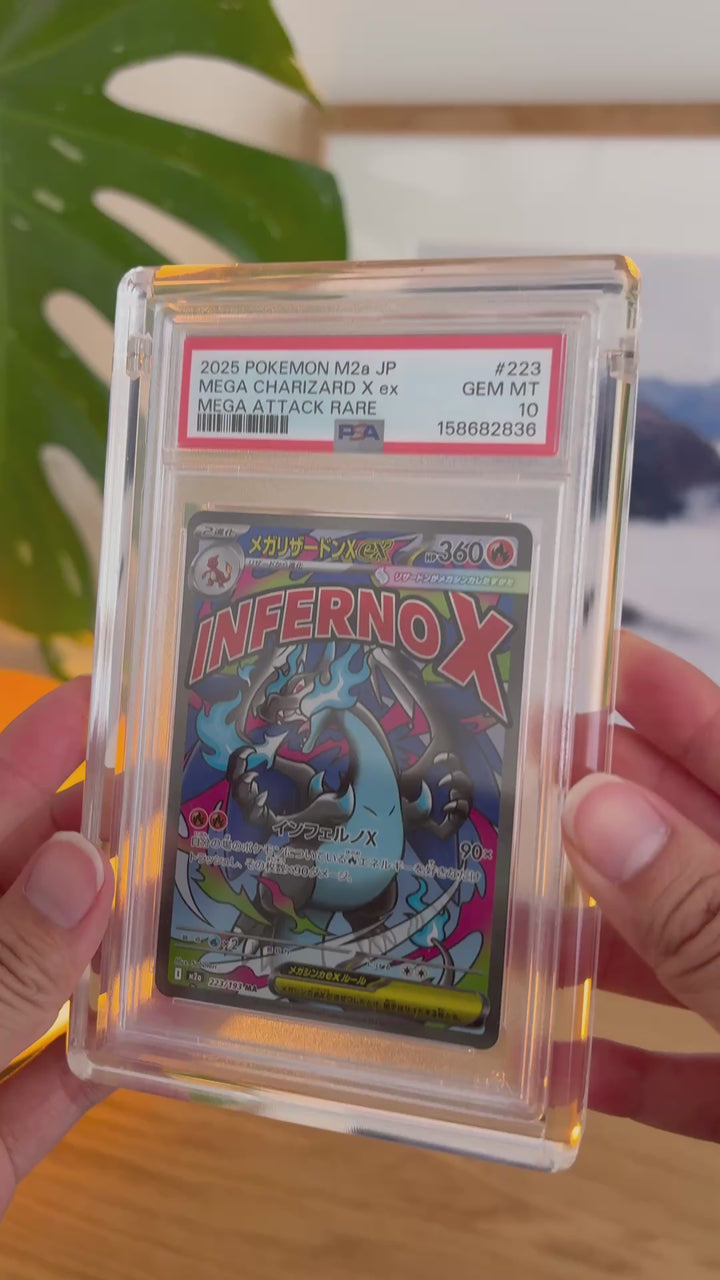 PSA graded card acrylic case holding a PSA-graded Mega Charizard X ex, front, side and back – ACRYLIX