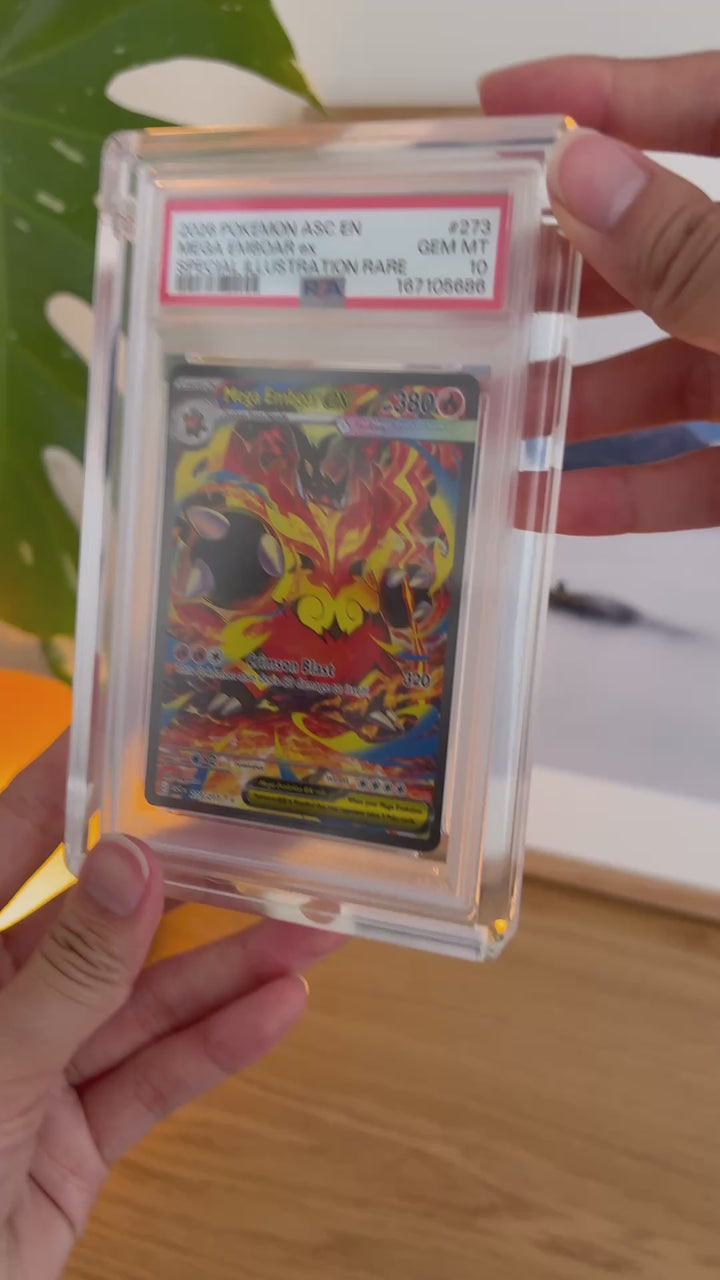 PSA graded card acrylic case holding a PSA-graded Pokémon card, front and side profile – ACRYLIX